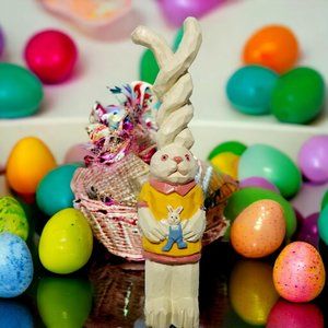 Twisted Ears Anthropomorphic Easter Bunny Faux Wood Resin Kitschy Spring Décor